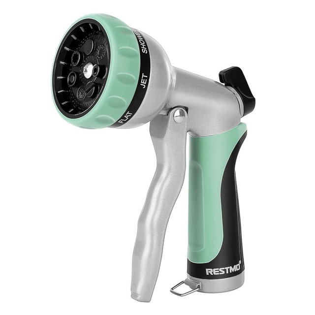 RESTMO Garden Hose Nozzle, Heavy Duty Metal Water Hose Nozzle with 7 Adjustable Spray Patterns, High Pressure Hand Sprayer with Flow Control, Best for Watering Plant & Lawn, Washing Car & Pet, Cyan
