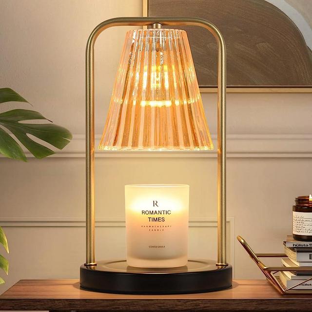 Candle Warmer Lamp for Jar Candles, Dimmable Candle Melter with Amber Glass Shade, Vintage Electric Candle Heater Top-Down Melting Heat Adjustable, Retro Fragrance Candle Wax Warmer, 2 Bulbs Included
