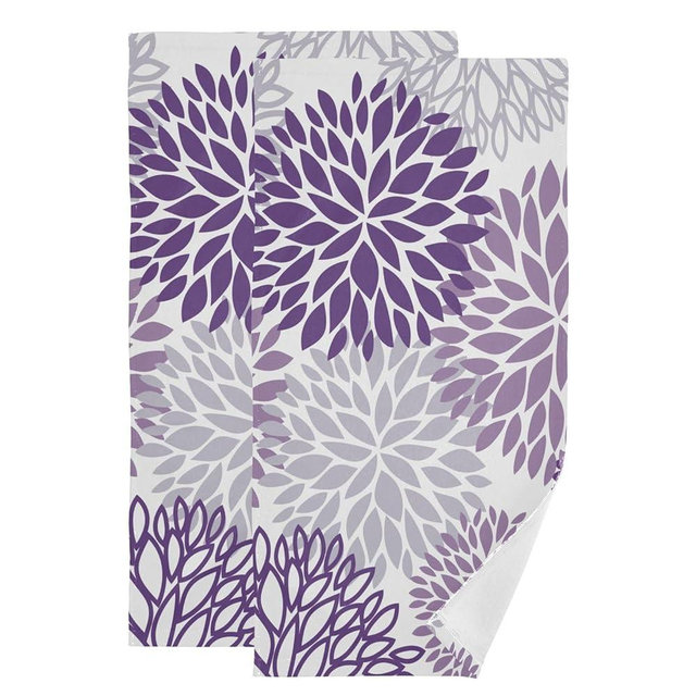 YOCIBIUT Purple Grey Dahlia Floral Hand Towels for Bathroom Set of 2,Absorbent Elegant Abstrat Modern Flower Geometric Kitchen Towels 14"x28",Decorative Bathroom Towels for Bath,Face,Guest,Hair,Shower