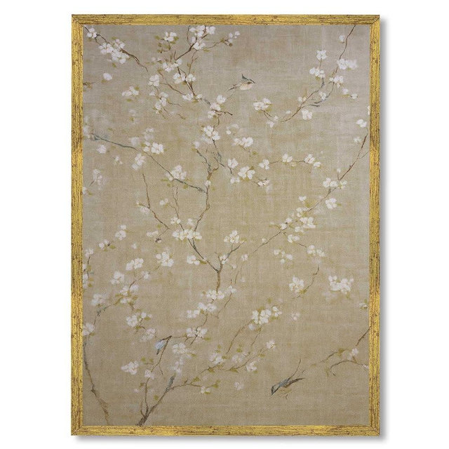 Framed White Blossom Canvas Wall Art Prints, Rustic Painting Pictures, Elegant Wall Decor, Decoration for Living Room Bedroom,160 (Gold Framed,12L X16W)