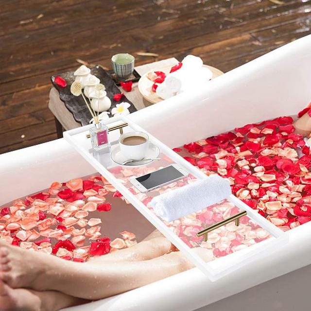 ZXMOTO Clear Bathtub Tray 33 Inch Acrylic Bathtub Caddy Tray with Stainless Steel Gold Handles