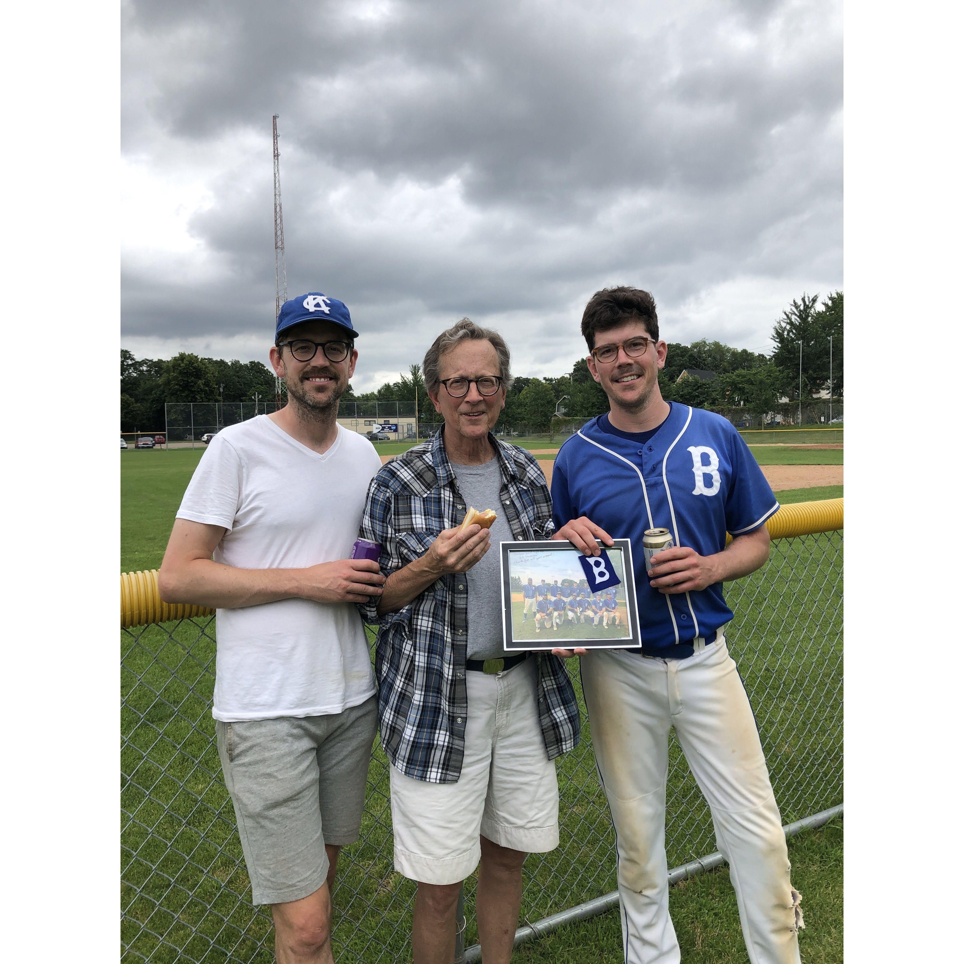 Jimmy and his brother Sam with their dad after one of their baseball games. Go Bombers!