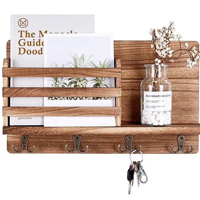 Mimacoo Wall Mounted Key Mail Holder Organizer Wooden Mail Sorter with 4 Double Coat Key Hooks and A Floating Shelf Rustic Home Decor for Entryway or Mudroom,Light Brown