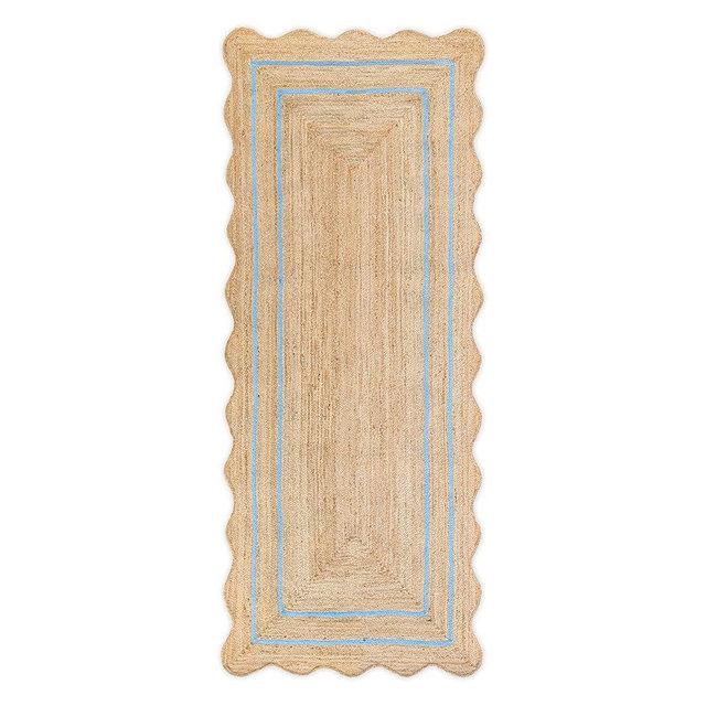 Weaving Village Wave Scalloped Natural Jute Rug Boho Jute Rug Entryway Runner Rug Farmhouse Scallop Rug, Sky Blue (2'x6')