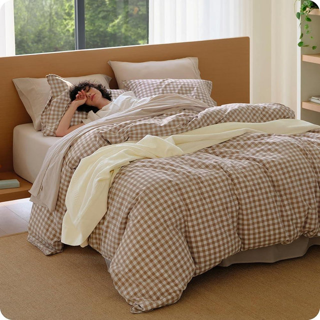 Bedsure Gingham Duvet Cover Queen, 100% Washed Cotton Duvet Cover Linen‑Like, PureWoven with Reversible Yarn‑Dyed Design & Double‑Stitch Craft, 3-Piece with Zipper, Gingham Light Brown, 90"x90"