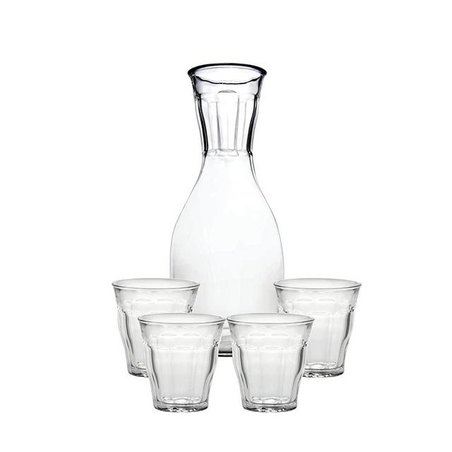 Duralex Picardie Carafe with 4 Tumblers Set, 1.1 Qt + four 5.625 oz, Clear Glass