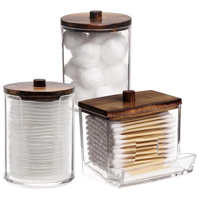 Tbestmax Bathroom Organizer Accessories Set-10 OZ,7 OZ Qtips Holder Storage with Wood Lids, Cotton Ball/Swabs Dispenser, Apothecary Container Jar 3 Pcs