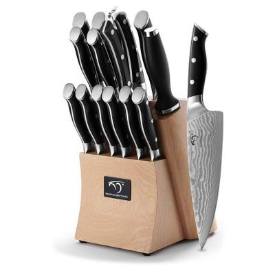 Nanfang Brothers Damascus Kitchen Knife Set with Beechwood Storage Block, 15 Pieces Including Santoku, Steak, Slicing, Paring, Chef, & Utility Knives