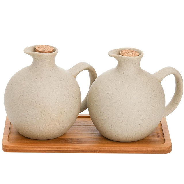 Elsjoy Set of 2 Ceramic Oil Vinegar Dispenser with Cork and Tray, 15 Oz Tabletop Oil Bottles Soy Sauce Jar, Decorative Olive Oil Stoneware Holder Vinegar Container for Kitchen