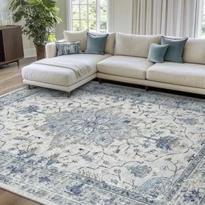 Area Rugs 6'x9' Washable Non-Slip, Floral Vintage Distress Print Pattern Medallion Carpet for Living Room Bedroom Dining Room, Light Blue Navy Beige Gray White