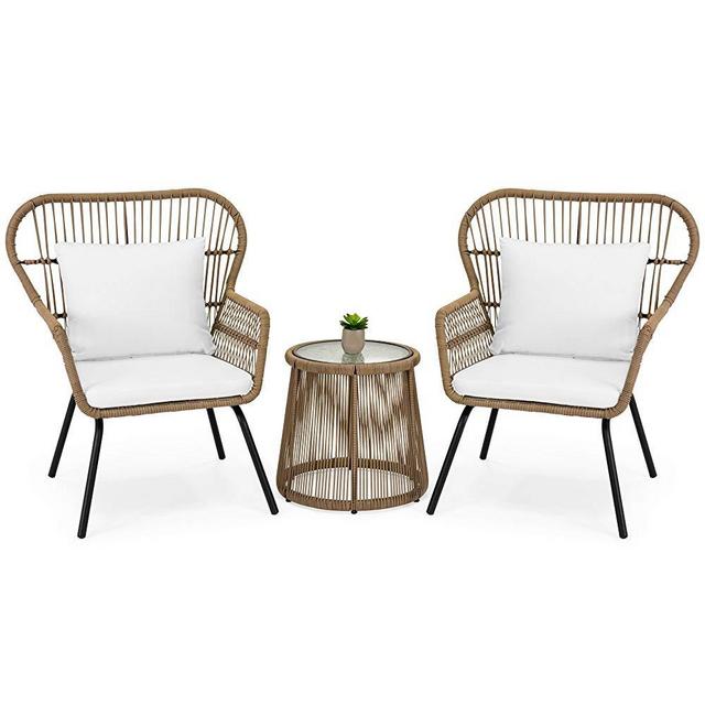 Best Choice Products 3-Piece Outdoor All-Weather Wicker Conversation Bistro Furniture Set w/ 2 Chairs and Glass Top Side Table, Tan