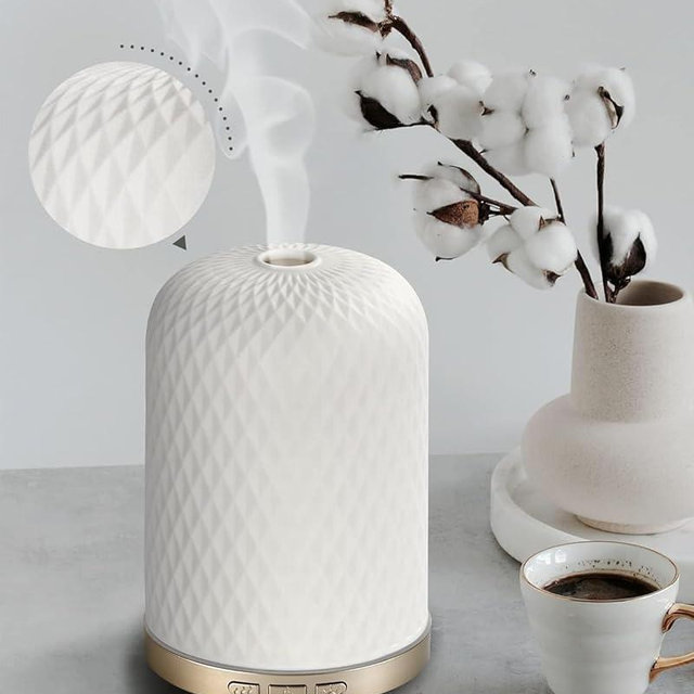 Essential Oil Diffuser,120ML 2.4MHz Ultrasonic Aromatherapy Diffusers for Essential Oils Large Room, Ceramic Diffusers Decorative Aroma Diffuser, Ideal Air Diffusers for Home, Room Decor, Yoga, White