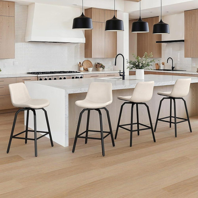 LUE BONA 360° Swivel Bar Stools Set of 3, 26 Inch Counter Height Bar Stools, Modern Faux Leather with Enlarged Seats, Metal Legs for Kitchen Island, Dining, Ivory