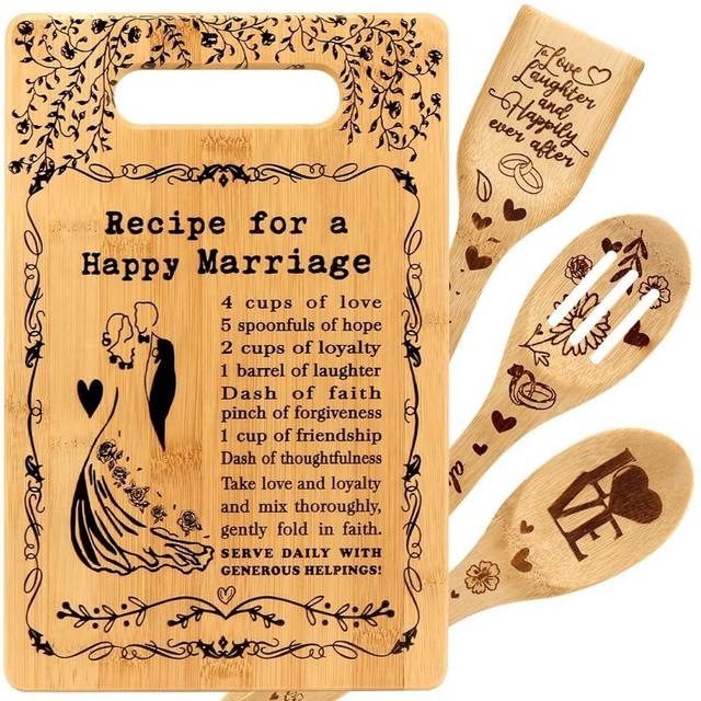 Wedding Gifts for Couples Marriage Cutting Boards Anniversary Newlywed Gift for Friend Inspiring Marriage Gifts Bridal Shower Gifts for Bride Kitchen Cutting Boards Gift with Utensil Set C008