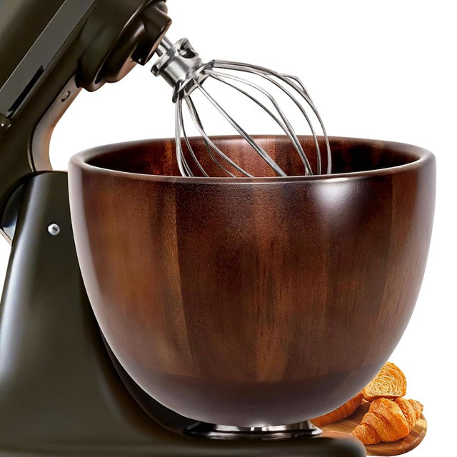 JSSTEM Premium Wood Bowl for KitchenAid 4.5 & 5 QT Tilt-Head Stand Mixer, Solid Acacia Wooden Mixing Bowl Replacement with Stainless Steel Locking Base, Hand-Finished Natural Grain (Not for Bowl-Lift)