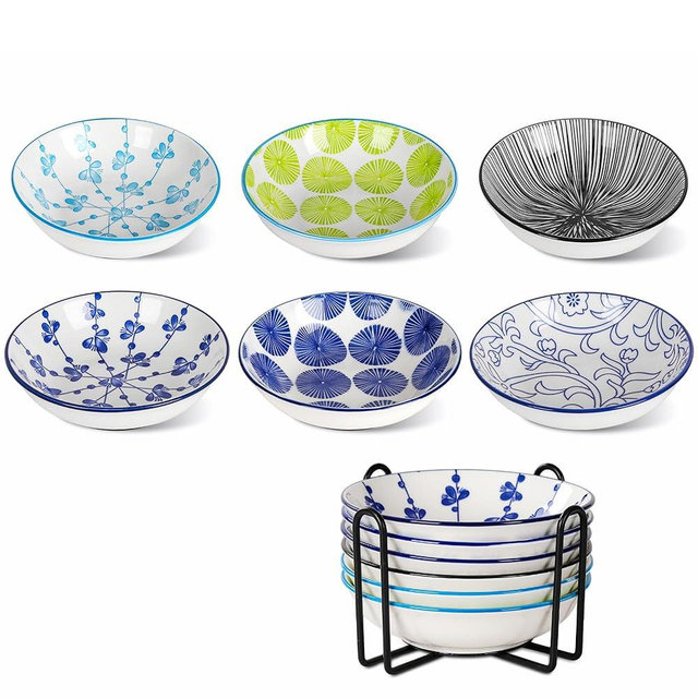 Ceramic Cat Food Bowls,6 Pack Colorful Cat Bowls Set with Metal Storage Stand,Anti-Slip Cats Dishes,Stackable Design,Kitten Plates for Wet and Dry Food Water (6bowls with Metal Holder)