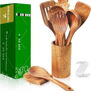 Teak Wooden Spoons for Cooking - 9 Pcs Comfort Grip Kitchen Utensil Set with Holder & Rest