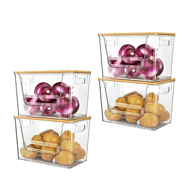 Delamu 4 Pack Pantry Organizers and Storage,Trash Bag Dispenser with Bamboo Top,Stackable Trash Bag Dispenser Under Sink Organizer for 4-30 GalBags,Onion,Potato,Fruits,Clear