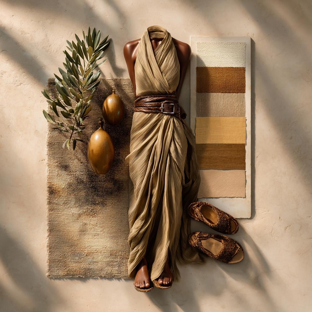 Draped in Honey and Almond, grounded in Mocha and Cream, this look captures Riviera warmth and natural elegance. Think flowing fabrics, rich texture, and sunlit neutrals in motion.