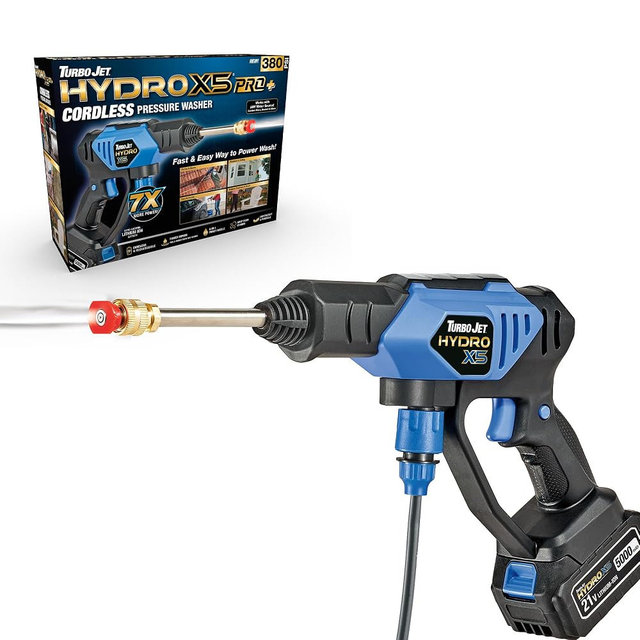 Turbo Jet® HydroX5TM Pro+ Cordless Pressure Washer – 380 PSI | 21V 5000mAh Battery | Dual Water Source | Portable Pressure Washer for Cars, Patios, Bikes & More