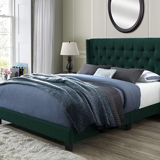 DG Casa Bardy Diamond Tufted Upholstered Wingback Panel Bed Frame, Queen Size in Green Faux Velvet Fabric