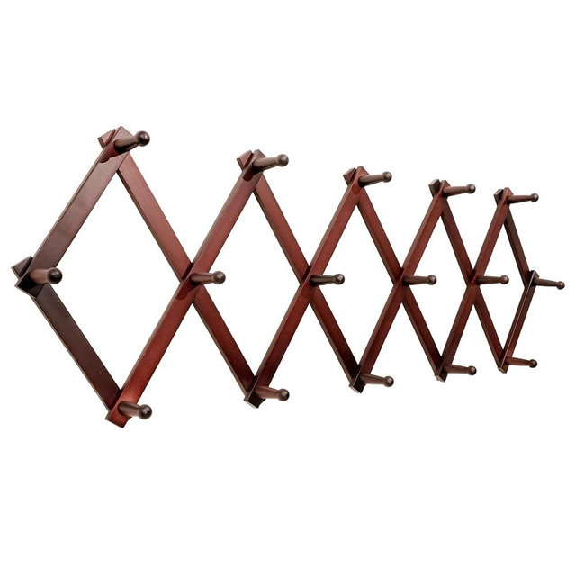 SKOLOO Accordion Wall Hanger with 16 Hooks, Modern Expandable Coat Rack Hat Rack for Wall, Solid Wooden, Cherry Red