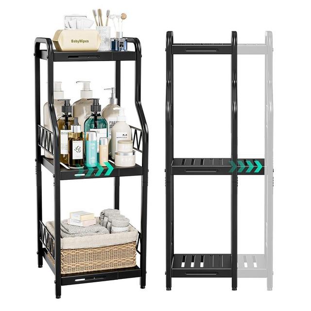 HapiRm Expandable Slim Storage Shelf - 3 Tier Free Standing Metal Shelving Unit for Bathroom Storage Organizer, Narrow Shelf Open Floor Shelves Ideal for Bathroom Kitchen Laundry