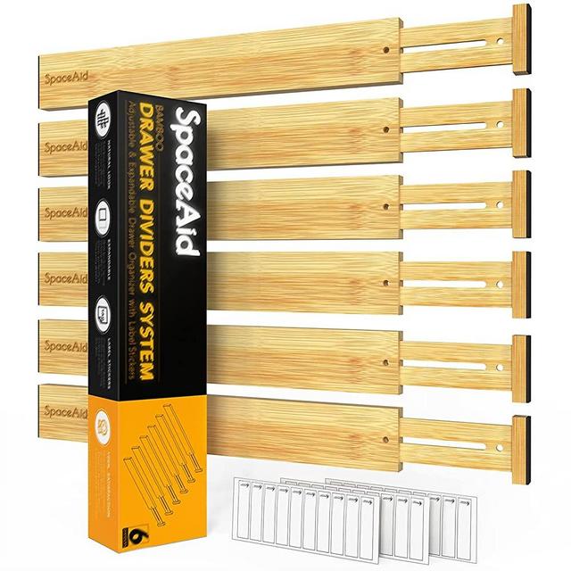 SpaceAid Bamboo Drawer Dividers with Labels, Kitchen Adjustable Drawer Organizers, Expandable Organization for Home, Office, Dressers and Bathroom, 6 Dividers (17-22 in)