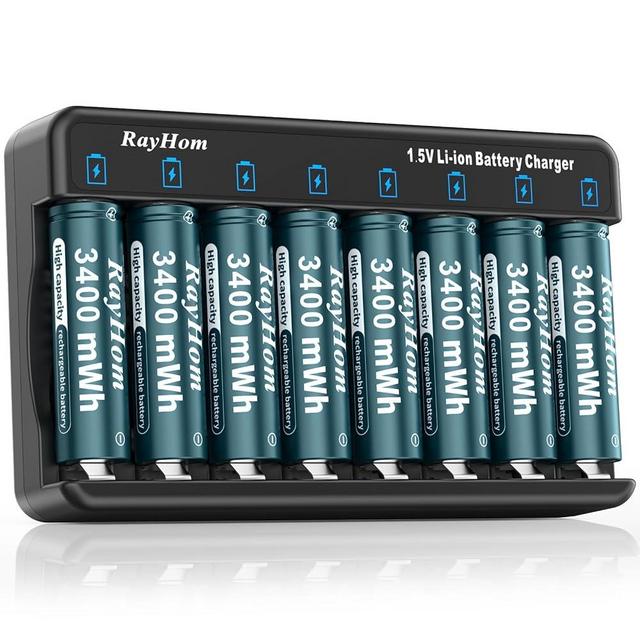 RayHom Rechargeable AA Lithium Batteries with Charger, 8Pack Li-ion Double a Batteries, 1.5V 3400mWh High Capacity, Cycle Times Over 1000+