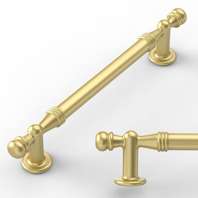 Amerdeco 10 Pack Brushed Gold Cabinet Pulls 5 Inch(128mm) Hole Center Drawer Pulls Cabinet Hardware Kitchen Cabinet Handles for Bathroom ZH0083