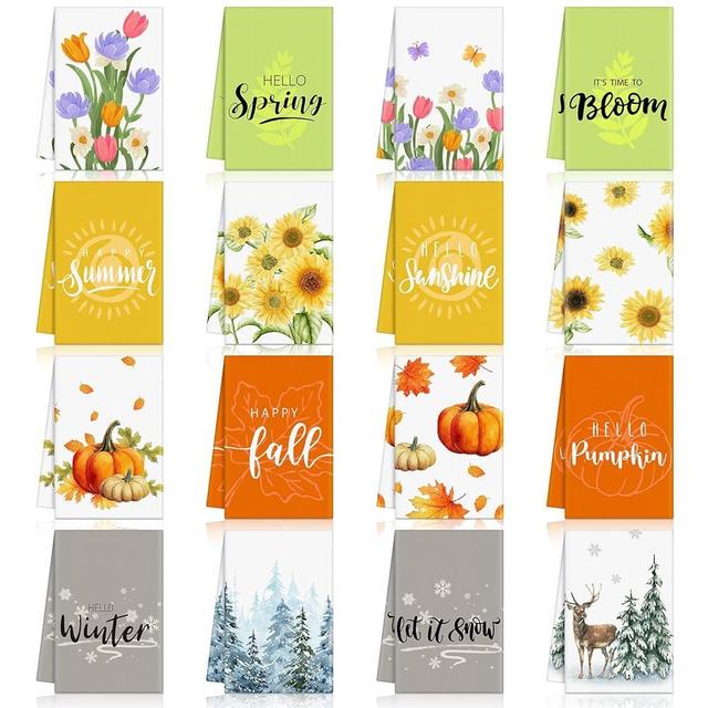 Hahafelt 16 Pcs Seasonal Kitchen Towels Decorative Set Flower Leaves Hand Dish Towels for Spring Summer Fall Winter Cute Absorbent Dishcloths Drying Tea Towel Decorative Wash Cloths, 16 x 24 Inches