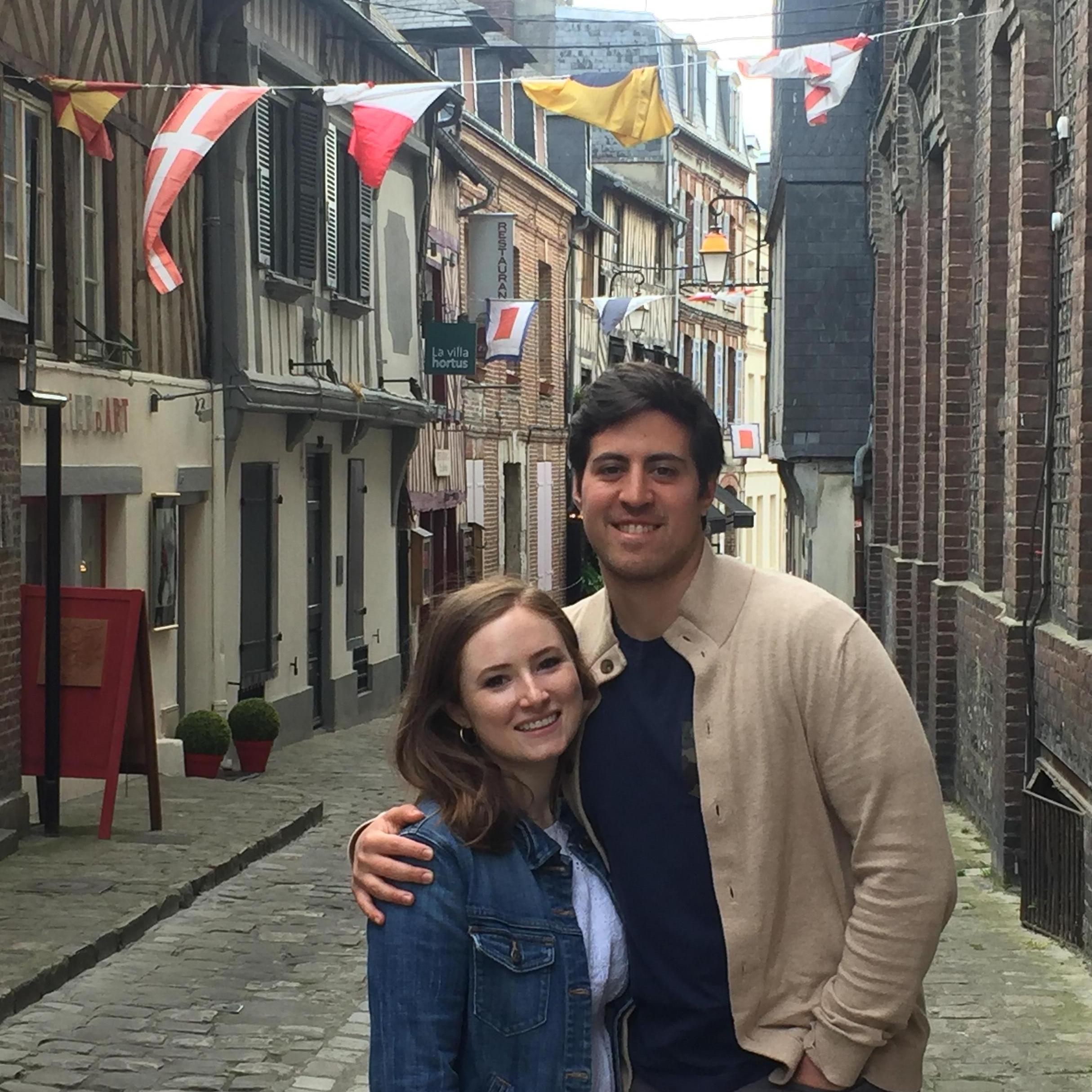 Strolling the streets of Honfleur several days after getting engaged