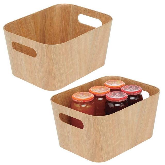 mDesign Food Storage Container Bin with Handles - for Kitchen, Pantry, Cabinet, Fridge/Freezer - Narrow for Snacks, Produce, Vegetables, Pasta - Food Safe - 2 Pack - Natural/Tan Wood Print