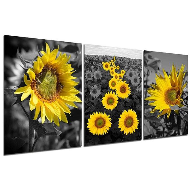 HZSYF Canvas Wall Art Sunflower Decor - Yellow Flowers Blooming Painting Black White Poster Print Modern Artwork Bedroom Office Living Room Home Decoration 3 Panels Canvas Prints unframed 12x16 inch