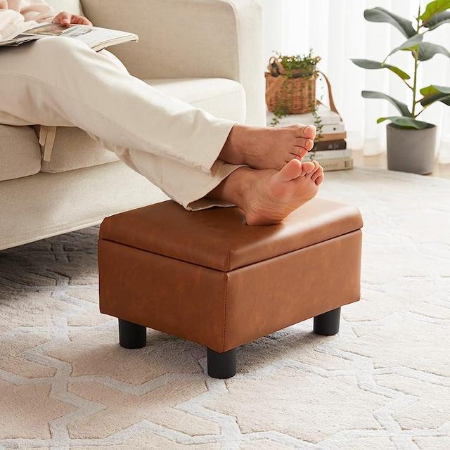 RUCUKEN Small Foot Stool Foot Stools Ottoman Foot Rest Footstool with Storage Footstools for Living Room Faux Leather Brown
