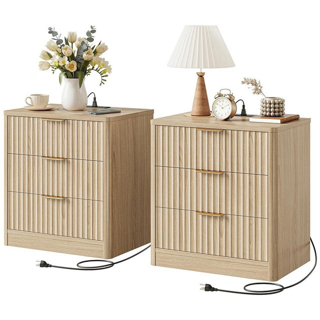 IRONCK Fluted Night Stand Set of 2, 22" Modern Nightstand with Charging Station & 3 Drawers, Bedside Table for Bedroom, Natural Oak