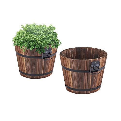 Wooden Bucket Barrel Planters – 5.5’’ Rustic Flower Planters Pots Boxes Container with Drainage Holes for Patio Garden Outdoor Indoor Home Decor Small Plants, Brown Set of 2