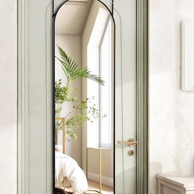 KOMCOTE Full Length Mirror Over The Door - 49"x14" Hanging Mirror for Bedroom, Living Room, Closet - Black Framed Door Hanging Mirror, Space-Saving, Lightweight, Easy Install