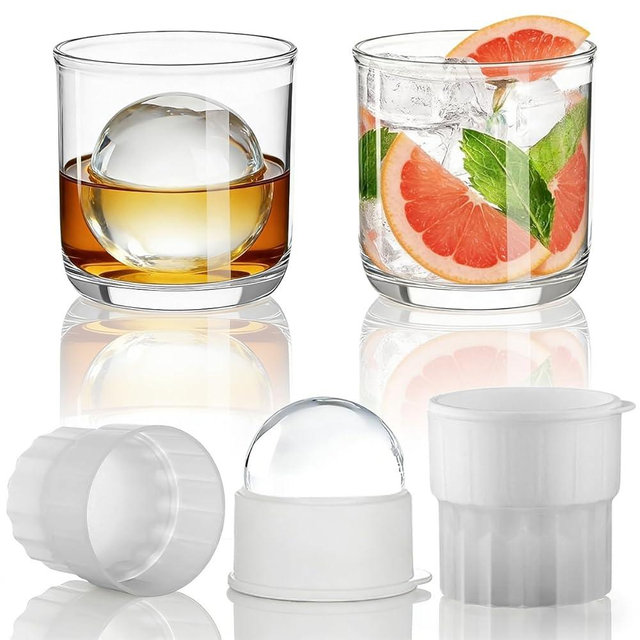 Berglander Whiskey Glasses Set of 4 (2 Bourbon Glasses, 2 Big Ice Ball Molds) 11.5 oz Reusable PET Clear Plastic Old Fashioned Glasses for Scotch Cocktail Cognac Vodka Liquor Cold Drink, Gifts for Men