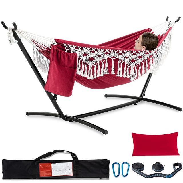 PNAEUT Handmade Tassel Hammocks, Double Hammock with Stand for Outside, Max 450 lbs Capacity, Tree Straps & Carabiners & Pillow & Storage Bag and Portable Carrying Bag Included (Cherry)