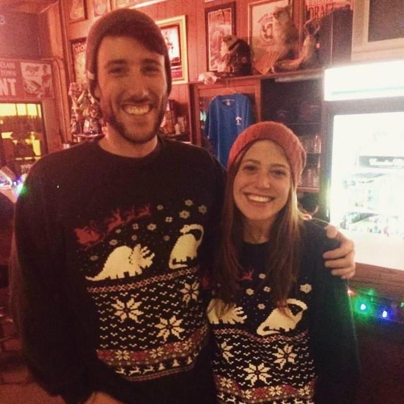 We finally got the drunk lady to get a non-blurry shot of our matching sweaters at a dive bar in Philipsburg. Hooray!