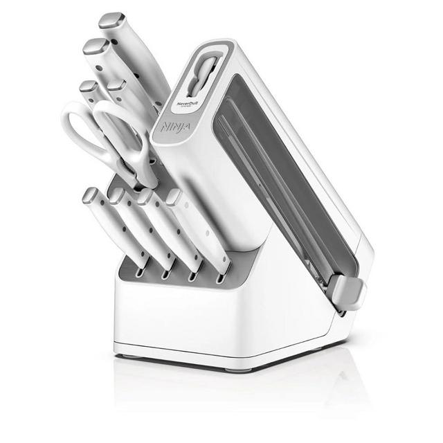 Ninja Foodi NeverDull 10-Piece Essential Knife System with Sharpener, Stainless Steel, K12010, Compact, White (White)