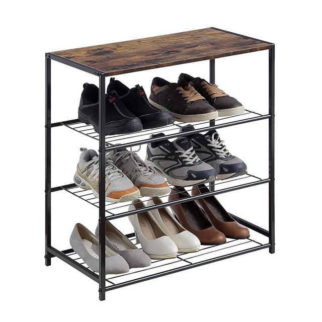 HOMEFORT 4-Tier Metal Shoe Rack, All-Metal Shoe Tower,Shoe Storage Shelf with MDF Top Board,Each Tier Fits 3 Pairs of Shoes,Entryway Shoes Organizer with Sturdy Metal Shelves in Rustic Brown,23.23"
