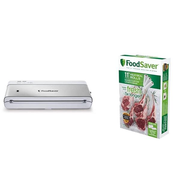 FoodSaver VS0160 PowerVac Compact Vacuum Sealing Machine, Vertical Vacuum Sealer Storage, White & 11" x 16' Vacuum Seal Roll with BPA-Free Multilayer Construction for Food Preservation, 3-Pack