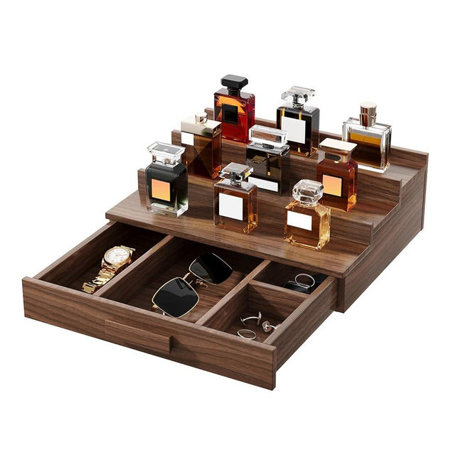 Gernshe Solid Walnut Cologne Organizer for Men,Cologne Stand,3 Tier Wooden Cologne Holder Shelf Display,Perfume Stand Organizer with Drawer Storage,Gift for Men Dad Husband,Mens Valentines Day Gifts