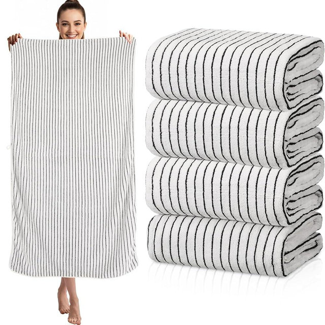 Hillsuren 4 Pieces Extra Large Black and White Striped Bath Towels Set 35 x 70 in Coral Fleece Oversized Bathroom Pool Towel Highly Absorbent Soft Quick Dry Shower Bath Sheets for Hotel Spa Pool