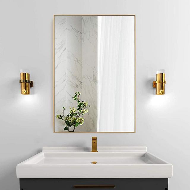 BEAUTYPEAK Wall Mirror 20" x 28" Rectangular Bathroom Mirror with Metal Frame, Hanging Mirrors for Living Room Bedroom Bathroom Entryway, Hangs Horizontal or Vertical, Gold