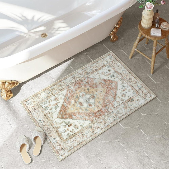 Uphome Boho Bathroom Rug Oriental Tribal Bath Mat Khaki Soft Shaggy Non-Slip Bathroom Mat Machine Washable Vintage Distressed Toilet Rug for Shower Sink Bathtub, 20x32 inch