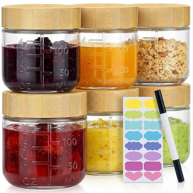 HomArtist 4oz Glass Salad Dressing Containers with Bamboo Lids - 6 Pack Small Airtight Condiment Cups, Leakproof Mini Sauce Jars for Picnic, Ketchup, Dip & Snacks, BPA-Free & Dishwasher Safe