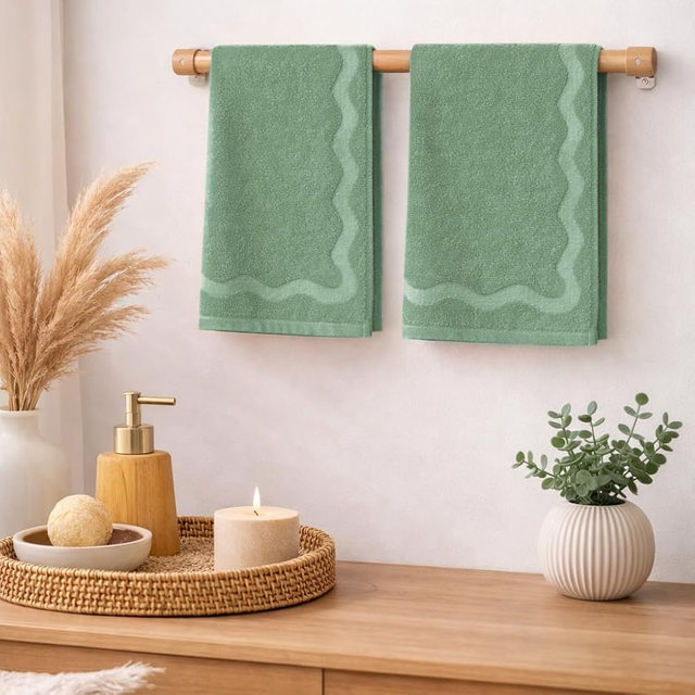 MONDAY MOOSE Scalloped Decorative Hand Towels, 2-Pack Soft Cotton with Wavy Embossed Design for Bathroom, Kitchen or Spa (16x28 inch, Sage)